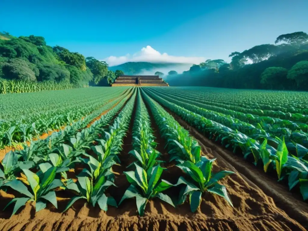 Imagen detallada de un campo agrícola maya con maíz, frijol y calabaza en armonía