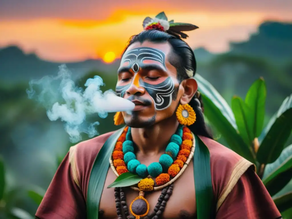 Imagen detallada de una ceremonia maya al cacao, donde un chamán bendice un árbol con humo de copal al atardecer