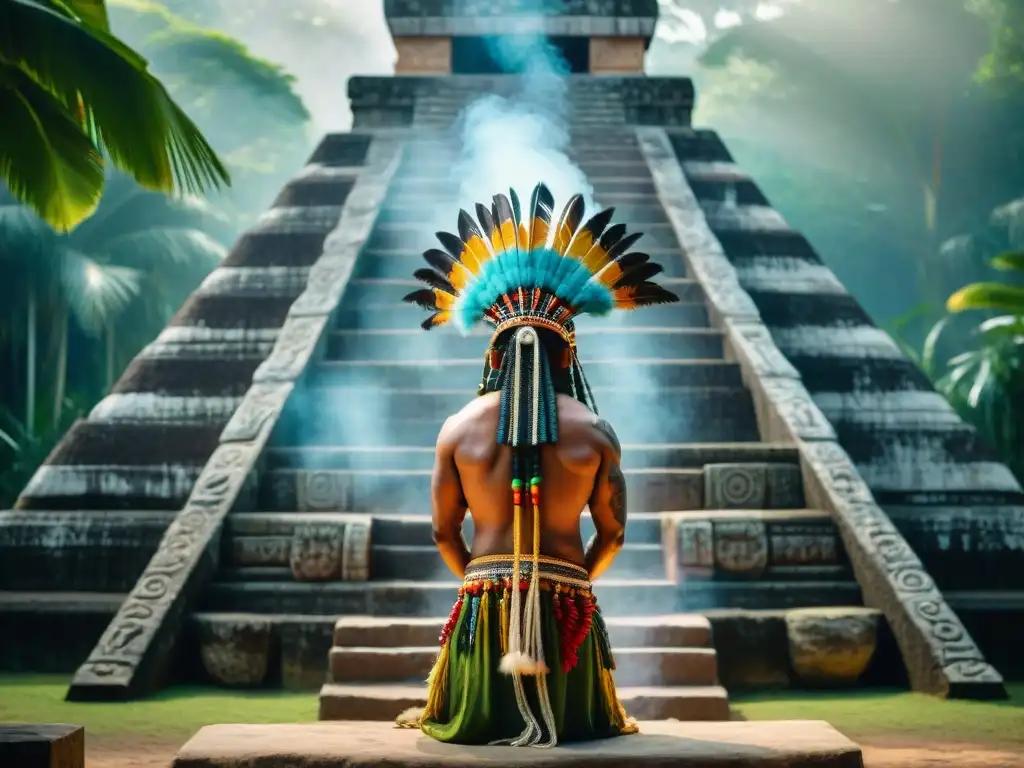 Una imagen detallada de un chamán maya realizando un ritual sagrado en la base de una pirámide antigua, rodeado de vegetación tropical exuberante y grabados intrincados