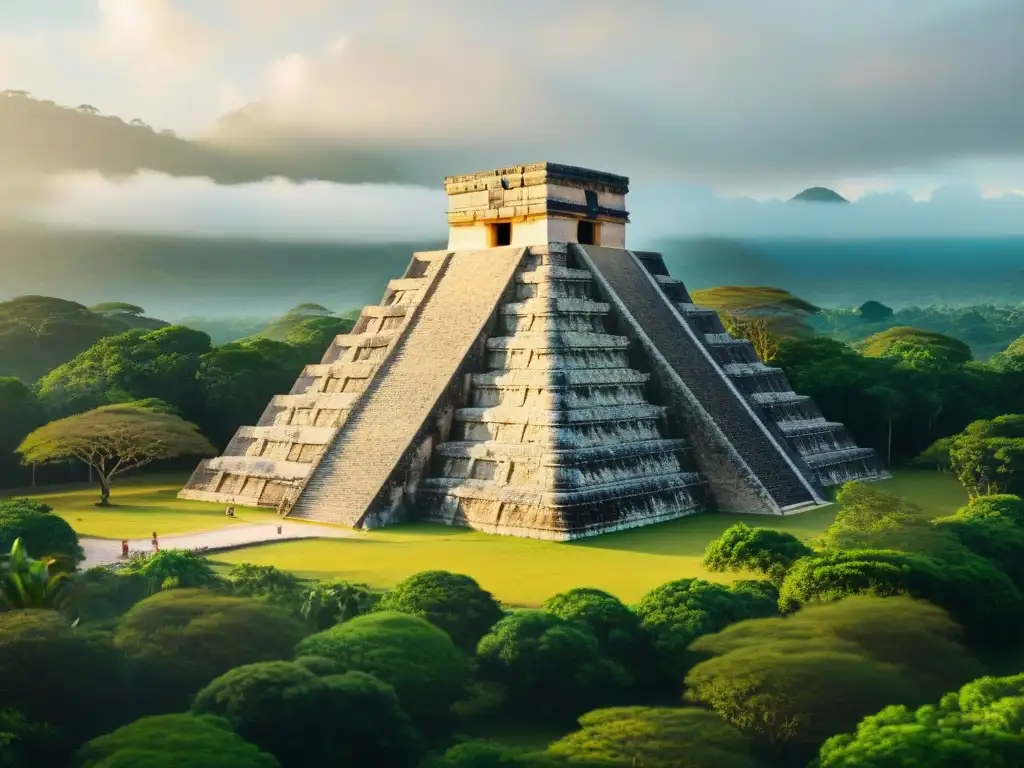 Imagen detallada de la construcción de una pirámide maya con materiales sostenibles en armonía con la naturaleza