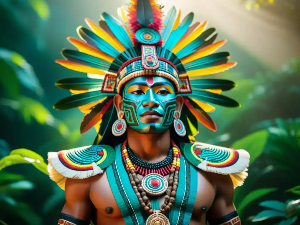 Imagen detallada de un dios maya en vestimenta tradicional, con patrones e intensos colores, en la selva