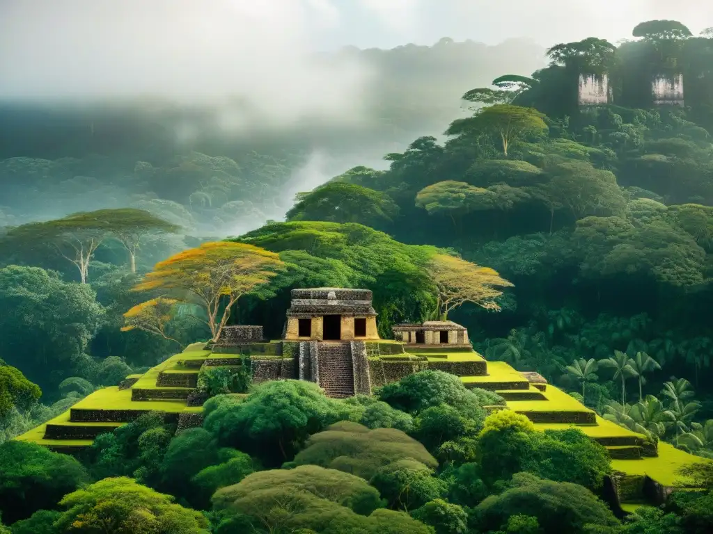 Imagen detallada de un exuberante bosque maya con ruinas antiguas entre la densa vegetación y manejo sostenible recursos forestales mayas