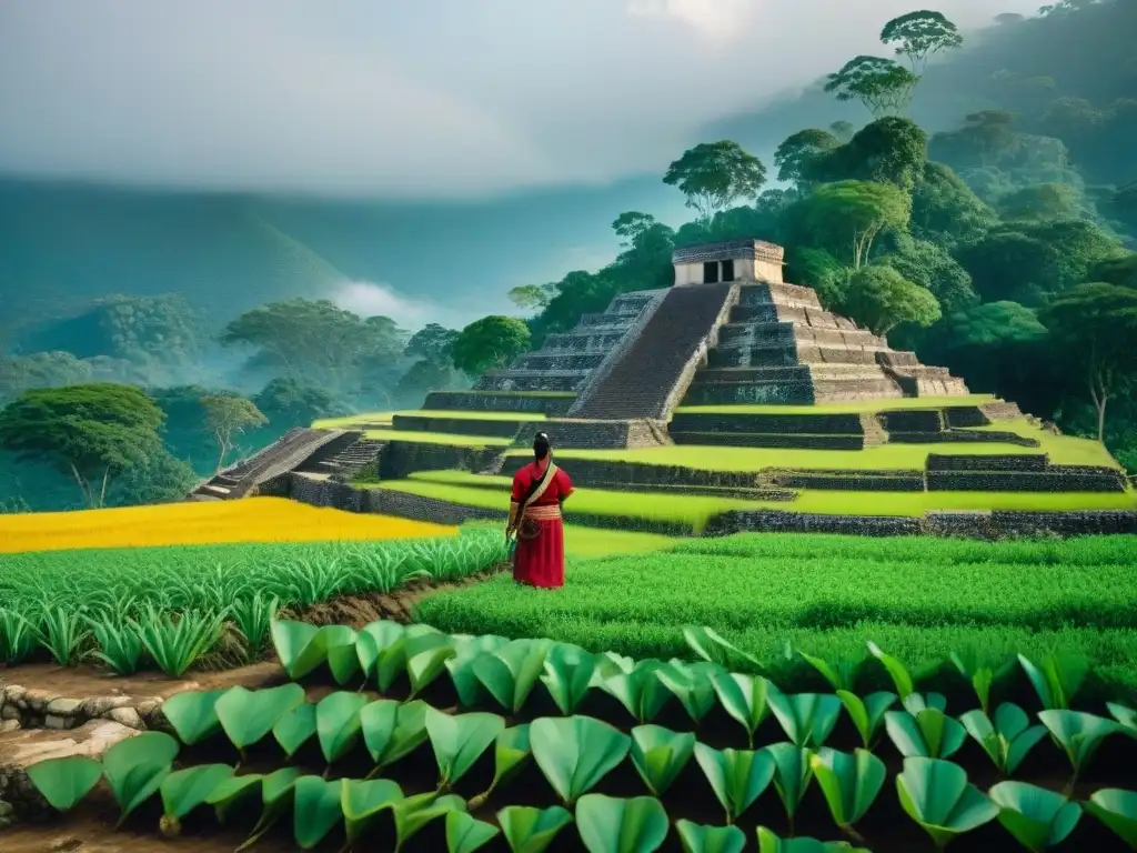 Imagen detallada de una familia maya trabajando en un campo agrícola, destacando sus Prácticas culturales mayas equilibradas