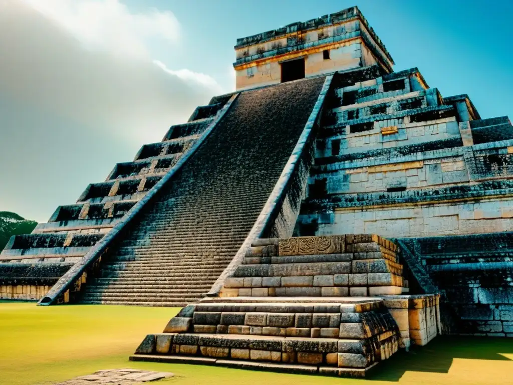 Imagen detallada del icónico Templo de Kukulcán en Chichén Itzá, resaltando sus grabados en piedra y la sombra serpentina en equinoccios