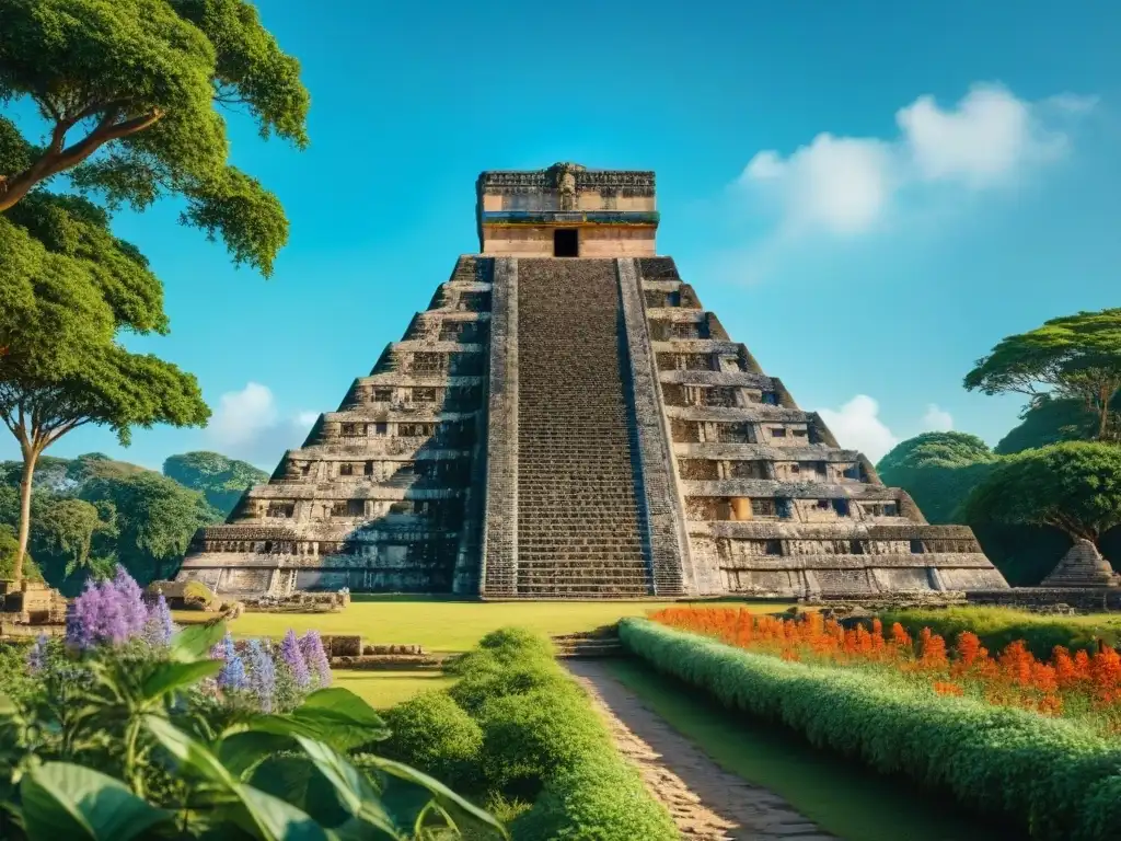 Imagen detallada de una majestuosa pirámide maya rodeada de naturaleza exuberante