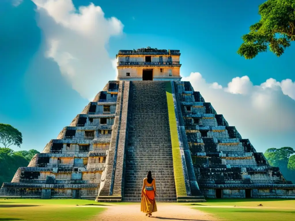 Imagen detallada de los majestuosos monumentos mayas de Chichen Itzá, con juego de luz y sombra en la arquitectura antigua