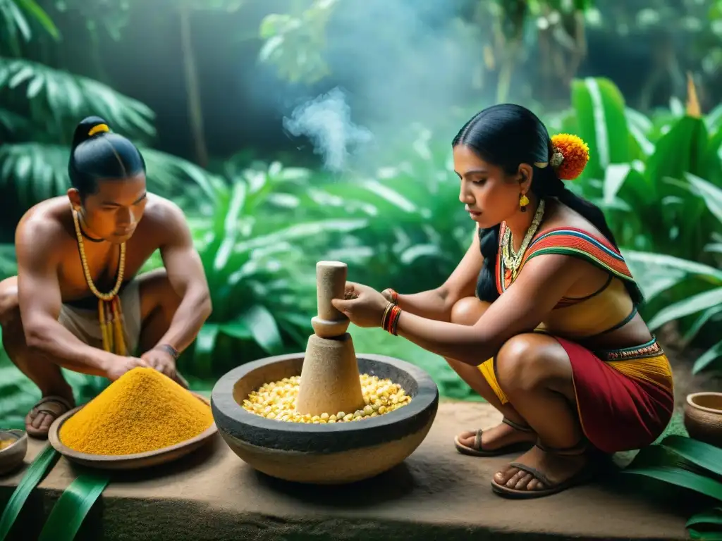 Imagen detallada de mayas preparando la Bebida ceremonial maya a base de maíz, con vestimenta tradicional y expresiones reverentes