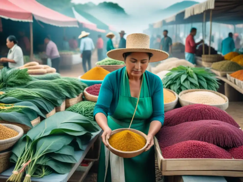 Imagen detallada de un mercado local en México con productos de amaranto, mostrando interacciones entre vendedores y turistas