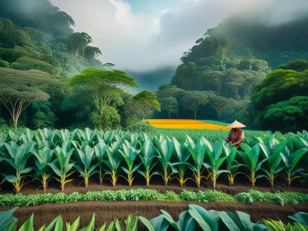 Imagen detallada de milpa maya con agricultor plantando maíz, frijoles y calabaza en selva tropical