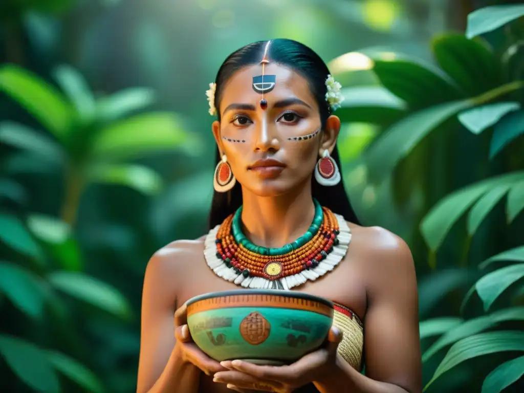 Imagen detallada de una mujer maya en traje ceremonial, con símbolos de fertilidad, en la selva