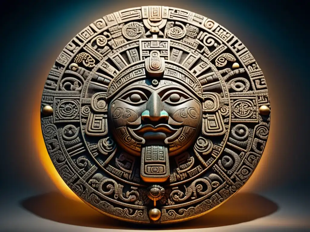 Una imagen detallada de una piedra del calendario maya, mostrando la precisión y complejidad de la Cosmovisión maya espacio tiempo