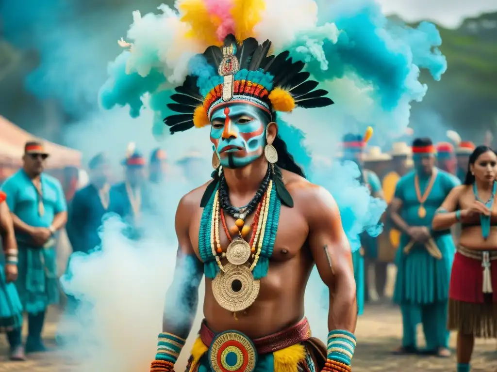 Imagen detallada de un ritual maya en festival vibrante, con chamán, humo de copal y decoraciones coloridas