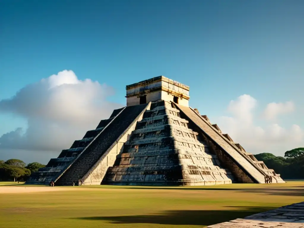 Imagen detallada de las ruinas mayas de Chichén Itzá con El Castillo y la serpiente en equinoccio, resaltando rituales mayas fenómenos astronómicos