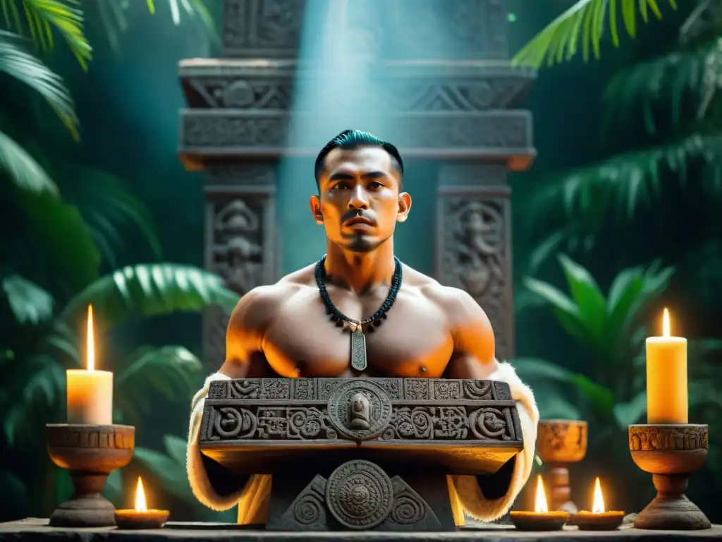 Ritual maya de sacrificio: detallada imagen en 8k Imagen detallada de sacerdote maya con atuendo ceremonial frente a altar de piedra
