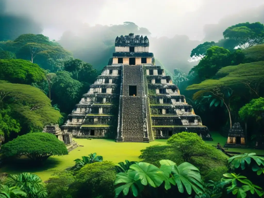 Imagen detallada de una selva exuberante en un sitio arqueológico maya, resaltando la conservación de flora y fauna en zonas arqueológicas