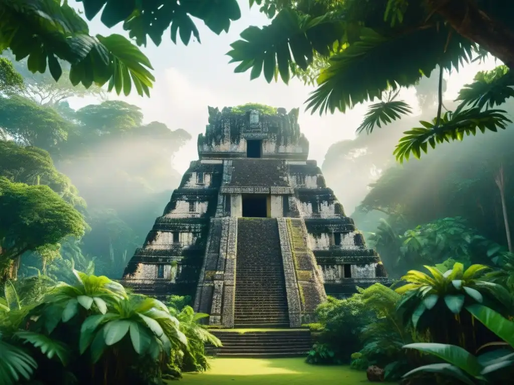 Imagen 8k detallada de la selva con templo maya oculto entre la exuberante vegetación