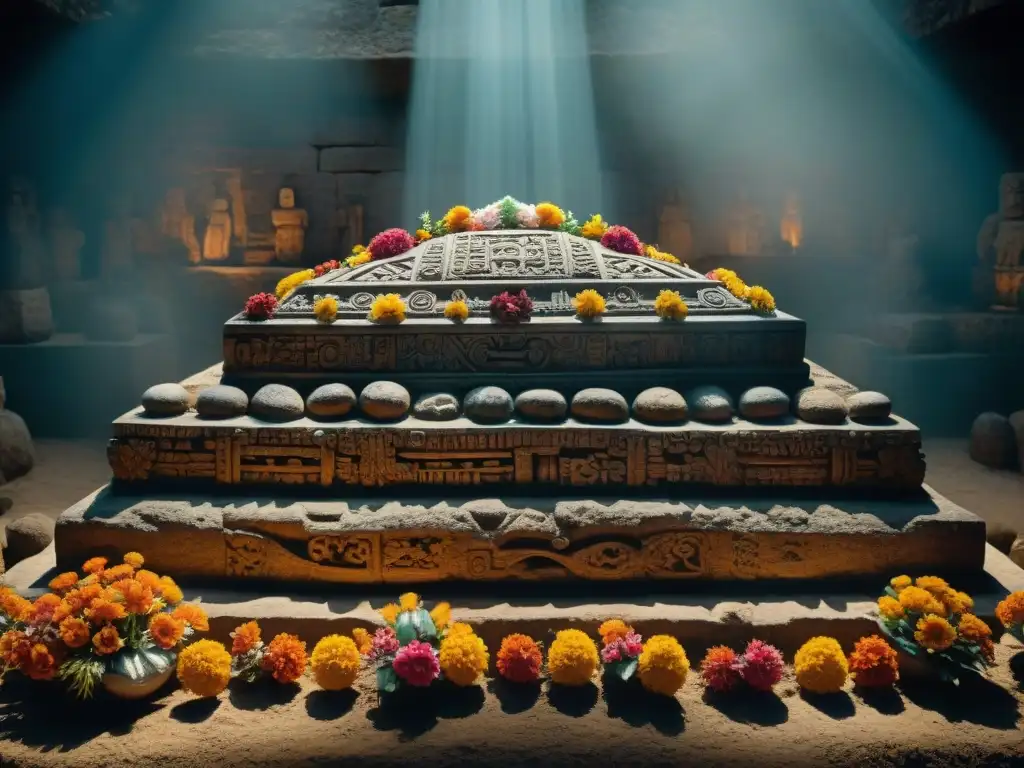 Una imagen detallada en 8k de un sitio funerario maya, con elementos rituales como ofrendas de flores e incienso