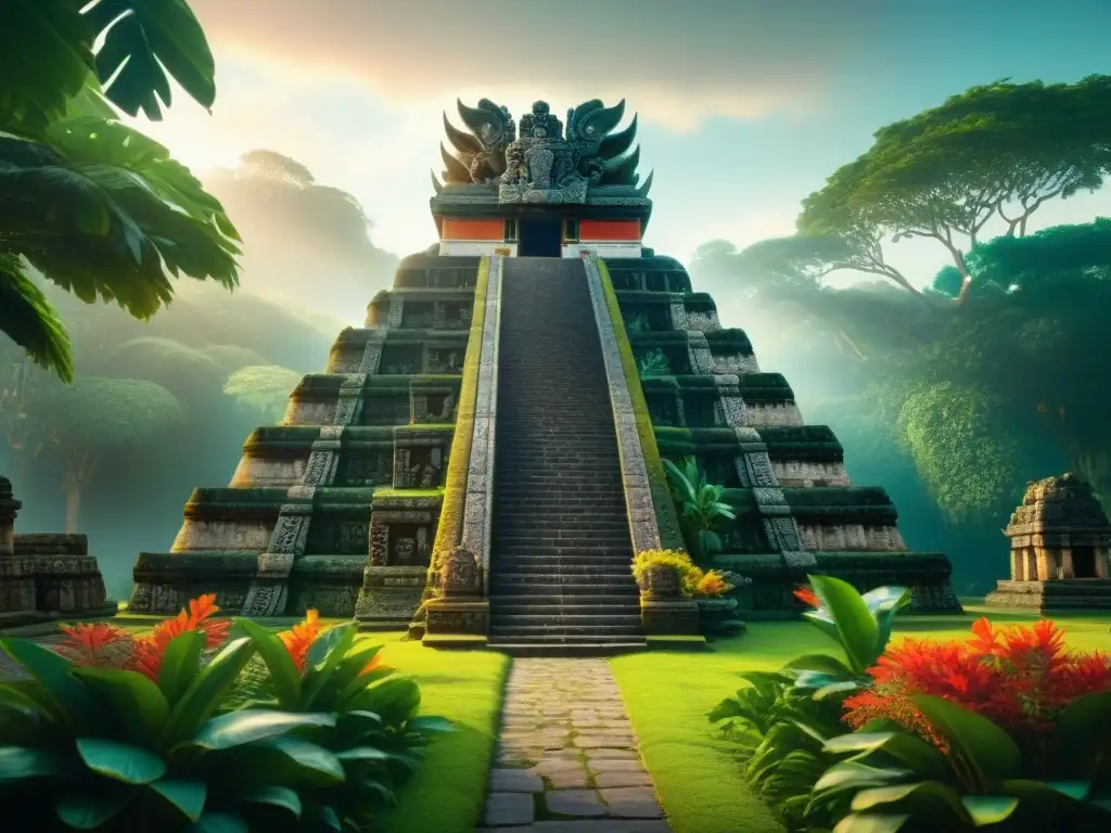 Imagen 8k detallada de un templo Maya cubierto de vegetación, con tallados de Quetzalcoatl