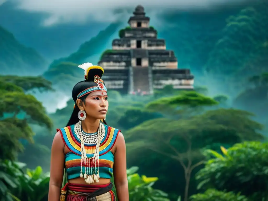 Una imagen detallada de la vestimenta maya en la actualidad durante una ceremonia cultural en medio de la naturaleza y ruinas antiguas