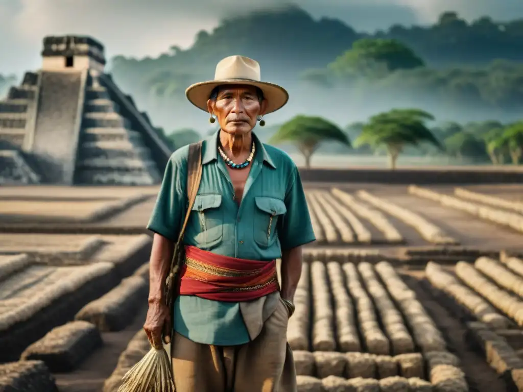 Imagen impactante del agricultor maya en un campo reseco, reflejando el impacto cambio climático subsistencia Maya