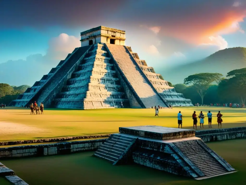 Una imagen impactante del amanecer sobre las antiguas ruinas mayas de Chichén Itzá, con El Castillo y las prácticas culturales de la civilización maya