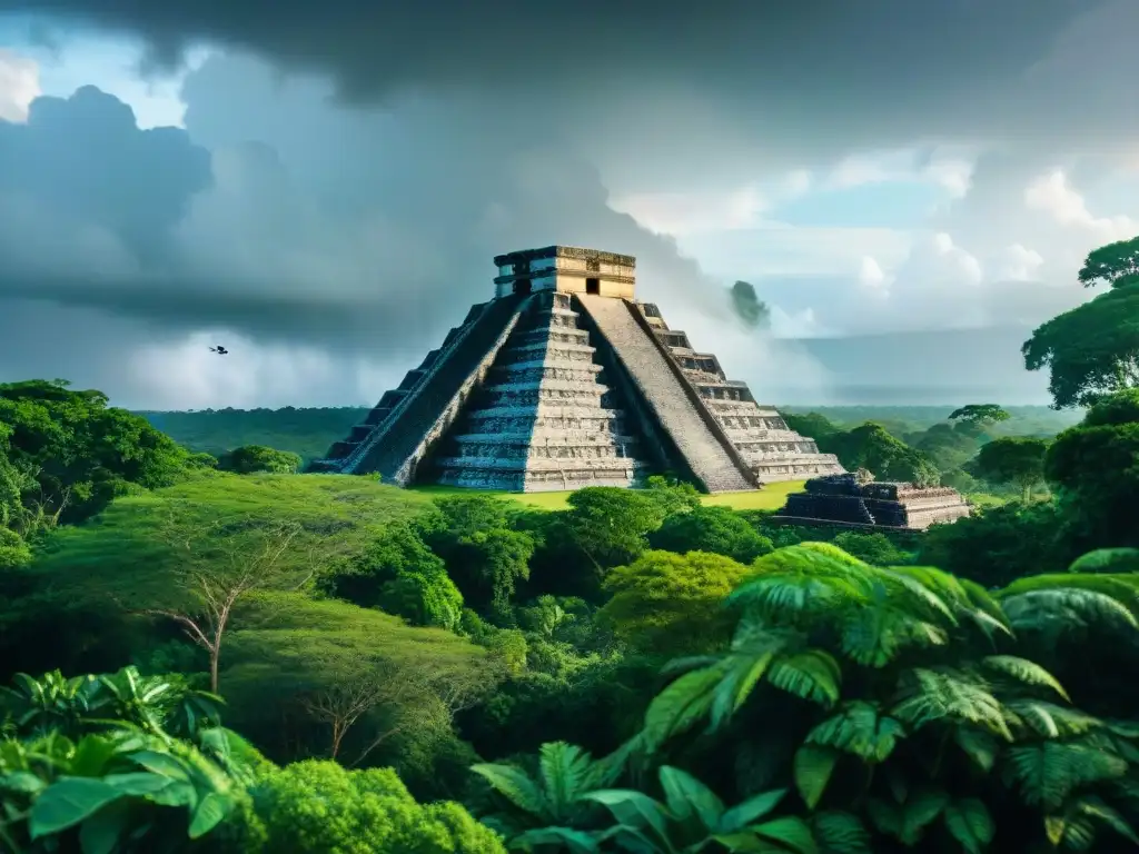 Imagen impactante de la biodiversidad en regiones mayas, con ruinas mayas cubiertas por vegetación exuberante y cielo tormentoso