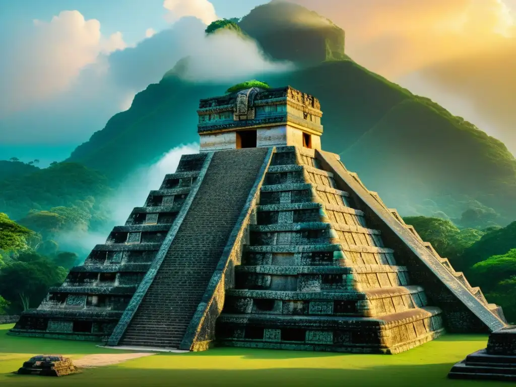 Imagen impresionante de la serpiente emplumada Quetzalcóatl en una pirámide, representa la cosmovisión Maya con detalle y esplendor