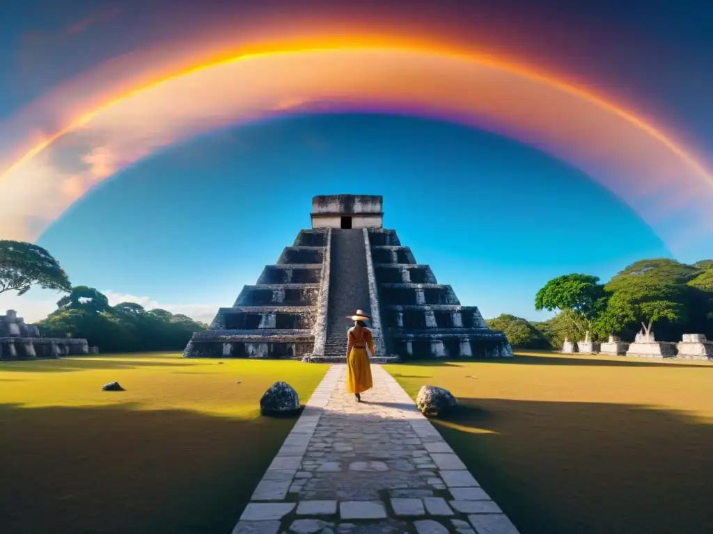 Imagen del majestuoso Templo de las Siete Muñecas en Dzibilchaltún durante el Equinoccio Maya, con visitantes maravillados