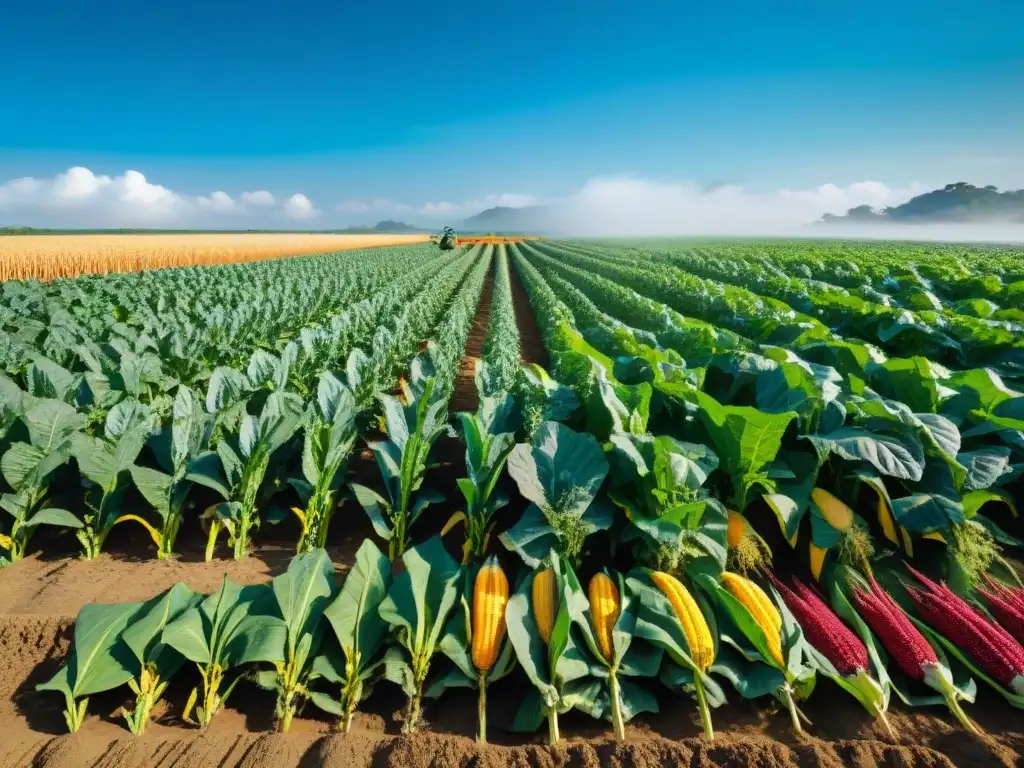Milpa maya: biodiversidad en un campo agrícola tradicional Imagen de una milpa tradicional maya con una dieta sostenible de maíz, frijol, calabaza y amaranto, destacando la biodiversidad y prácticas agrícolas