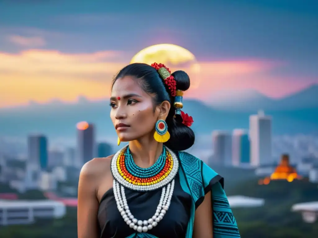 Imagen de una mujer maya moderna con influencia de la Diosa maya Ixchel, contrastando con la ciudad contemporánea