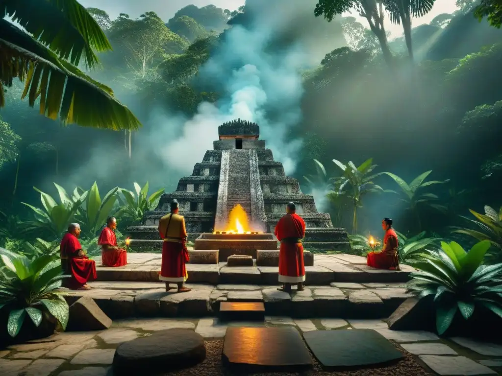 Imagen de alta resolución de un ritual Maya de sacrificio en la jungla, destacando la importancia de los sacrificios en la cosmovisión Maya