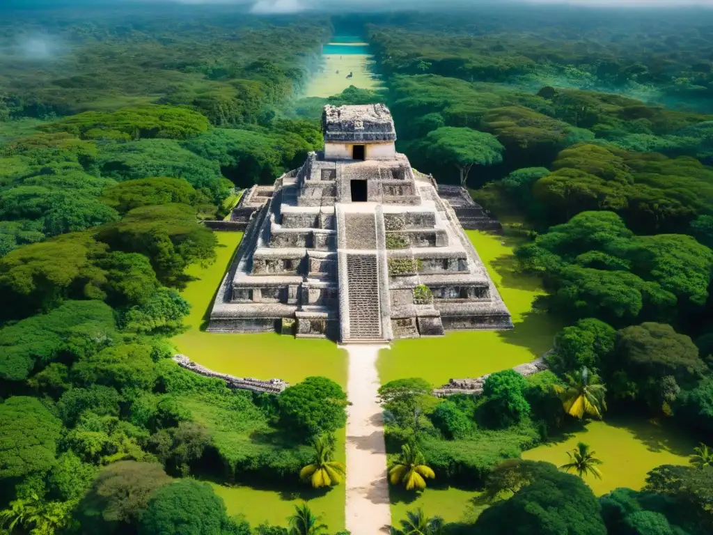 Imagen satelital de alta resolución de asentamientos mayas desde satélite, revelando estructuras detalladas y exuberante vegetación circundante