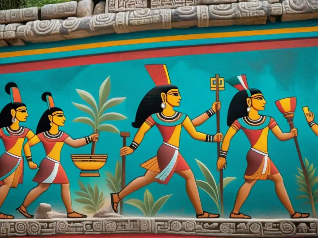 Impactante detalle de los murales mayas en el Templo de los Murales en Bonampak, reflejando la rica educación cultural