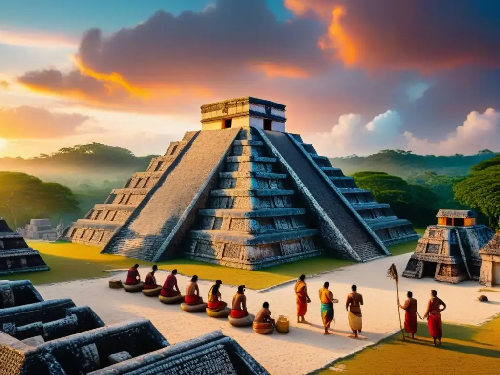 Una impactante escena de la civilización maya: energías renovables en uso, con templos y paneles solares al atardecer