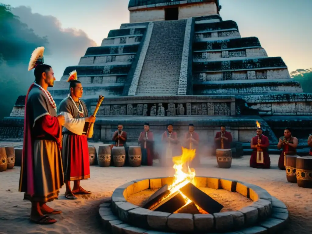 Impactante escena de ritual funerario maya al anochecer, con sacerdotes en atuendos ceremoniales y símbolos mayas tallados en piedra