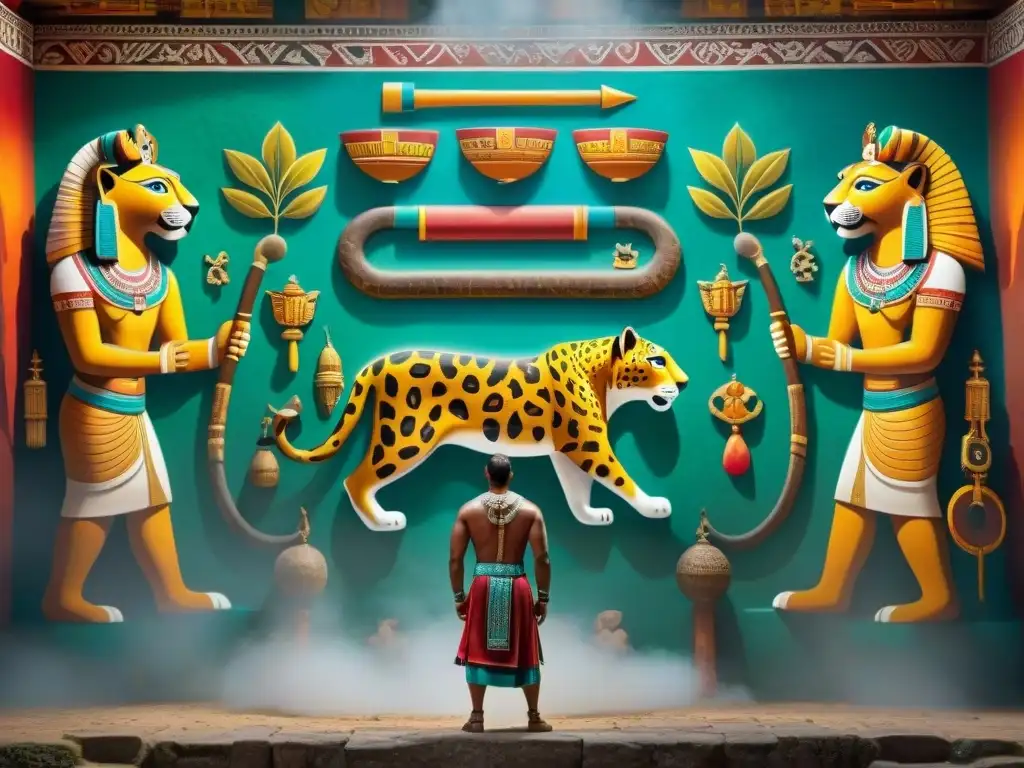 Impactante mural maya del jaguar como deidad, rodeado de ofrendas y símbolos sagrados