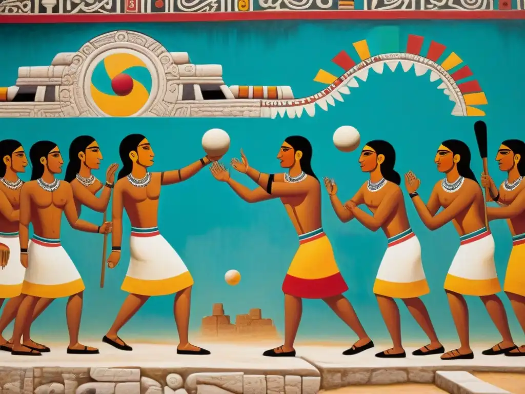 Impactante mural maya del Juego de Pelota mesoamericano con jugadores, nobles y sacerdotes admirando, enriquecido con símbolos y colores auténticos