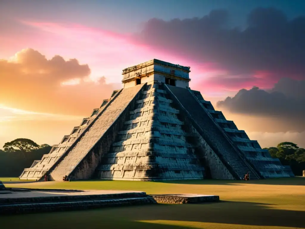 Impactante amanecer en Chichén Itzá, con el sol iluminando la pirámide en un juego de sombras, reflejando los rituales mayas fenómenos astronómicos