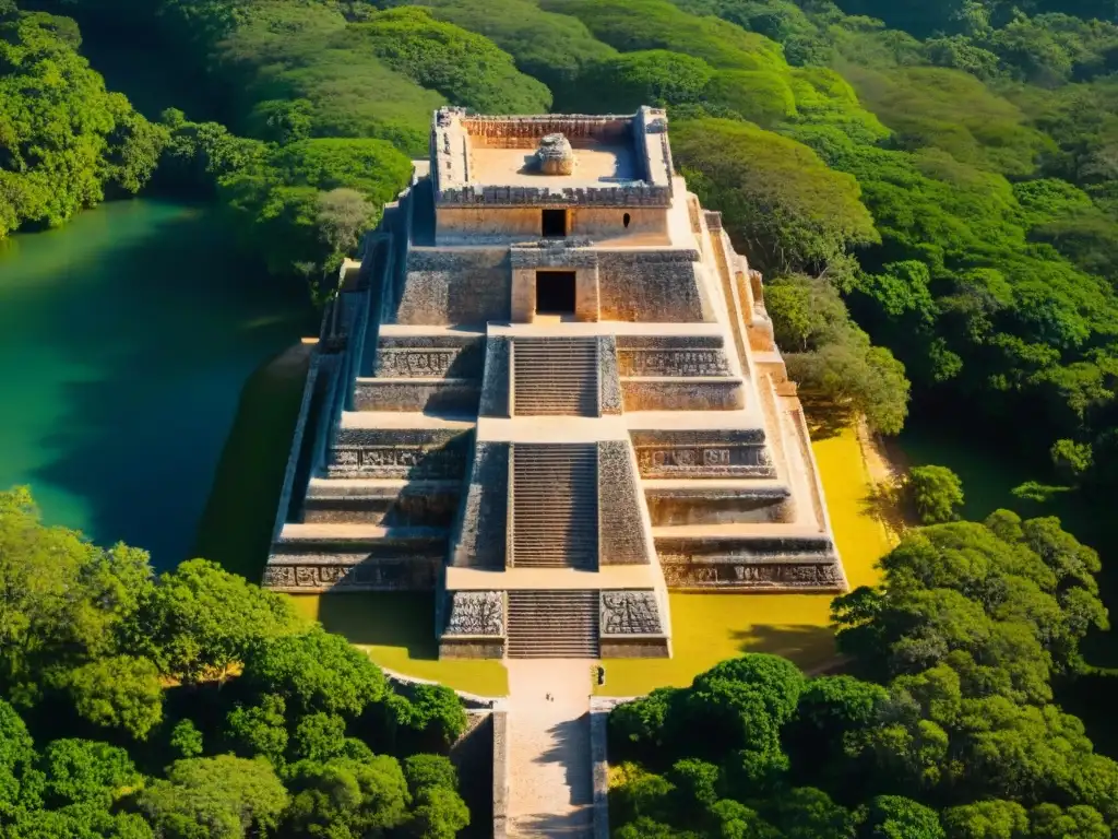 Impactante vista aérea de los detallados grabados de la Pirámide del Adivino en Uxmal, resaltando la construcción misteriosa de Uxmal