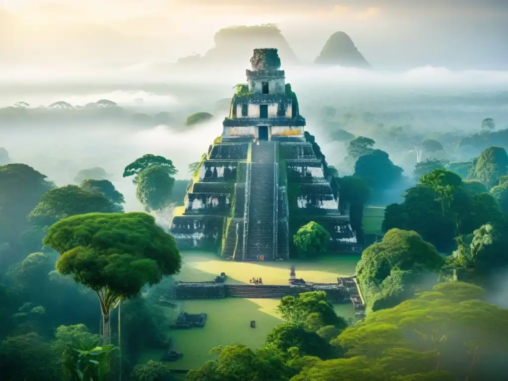 Impactante vista de la antigua ciudad maya de Tikal envuelta en neblina al amanecer, resaltando la conexión entre pasado y presente