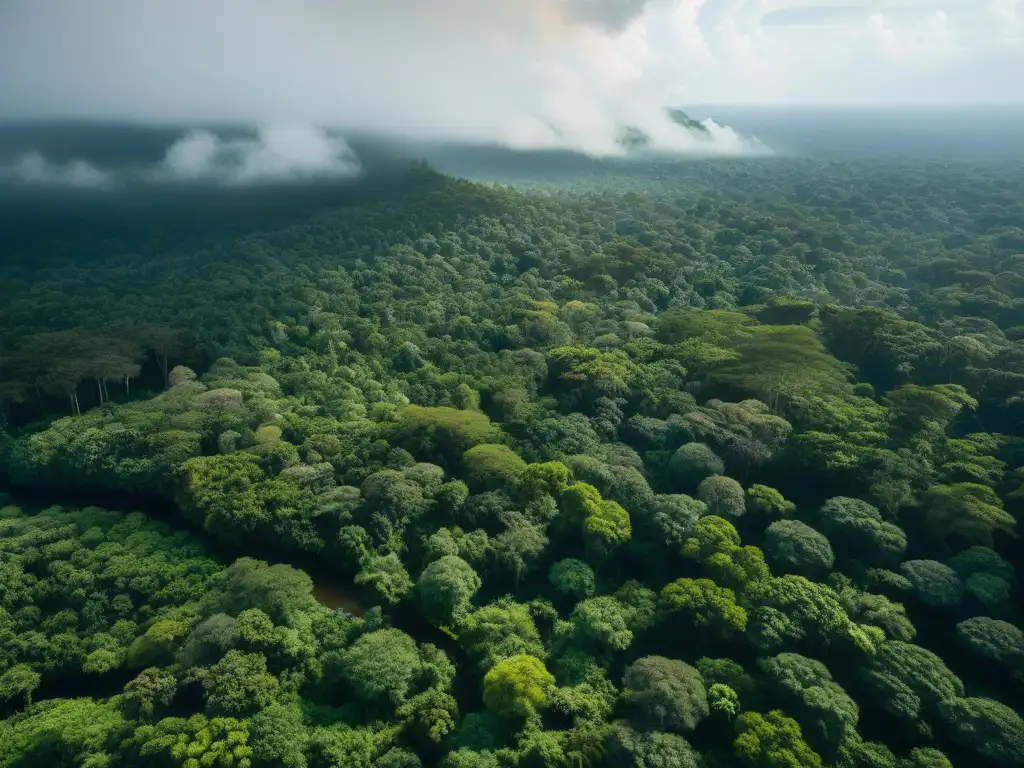 Impacto del cambio climático en la biodiversidad de las regiones mayas: exuberante selva con ríos serpenteantes y vida silvestre detallada