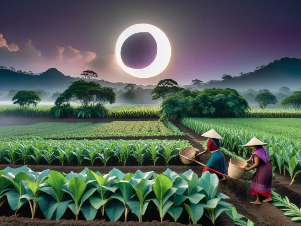 Impacto de eclipses solares en la agricultura Maya: Detallada ilustración de escena agrícola bajo un eclipse, con gran simbolismo y misterio