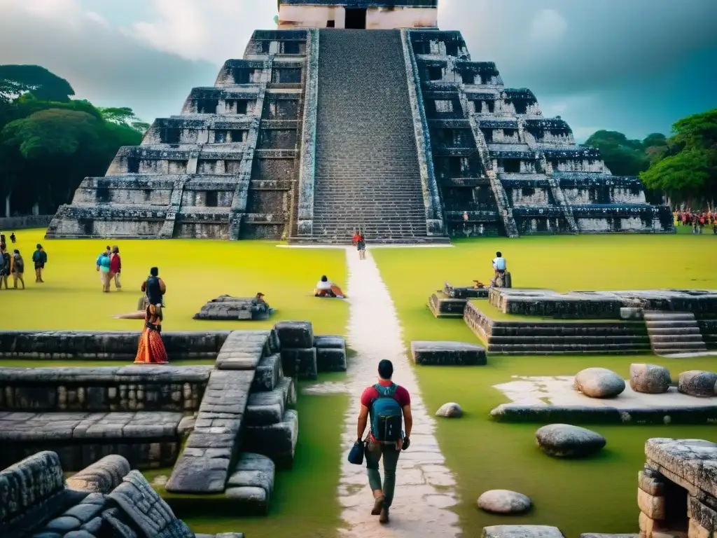 Impacto del turismo en sitios mayas: turistas escalando ruinas y sin respetar señales de conservación, dañando la herencia cultural