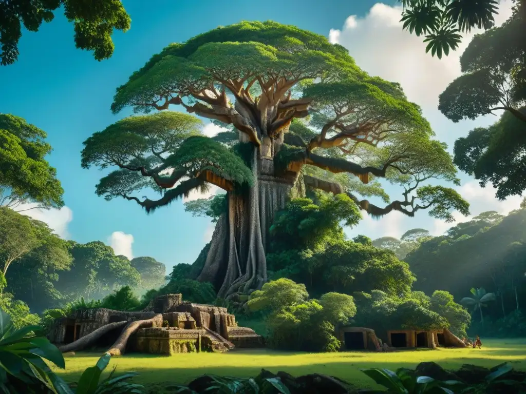 Imponente árbol del Mundo Maya significado, con intrincadas talladuras y exuberante jungla alrededor