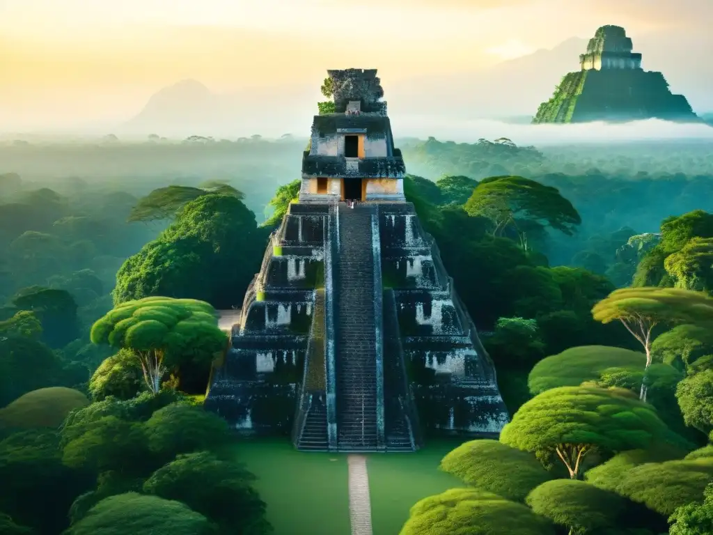 Imponente arquitectura maya en armonía natural: pirámides y templos de Tikal entre la exuberante jungla guatemalteca al atardecer