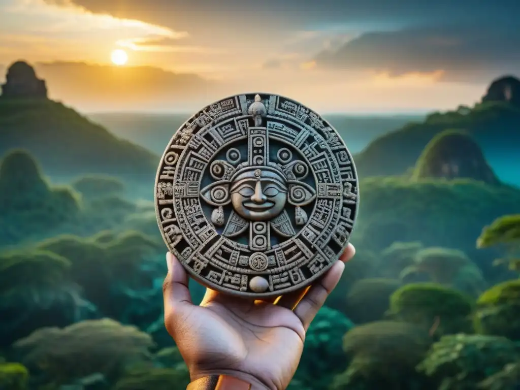 Un imponente calendario maya tallado con símbolos cósmicos, bajo un amanecer vibrante en la jungla