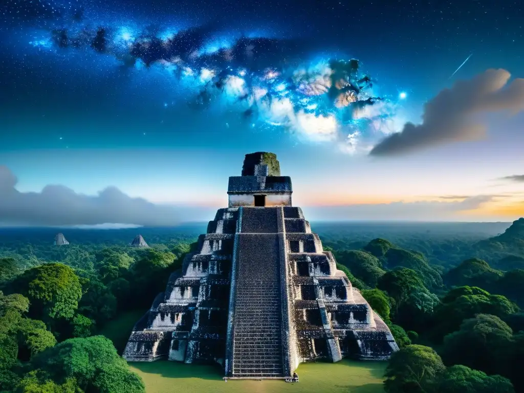 Misterios celestiales sobre ruinas mayas en Tikal Imponente cielo estrellado sobre las ruinas mayas de Tikal, Guatemala