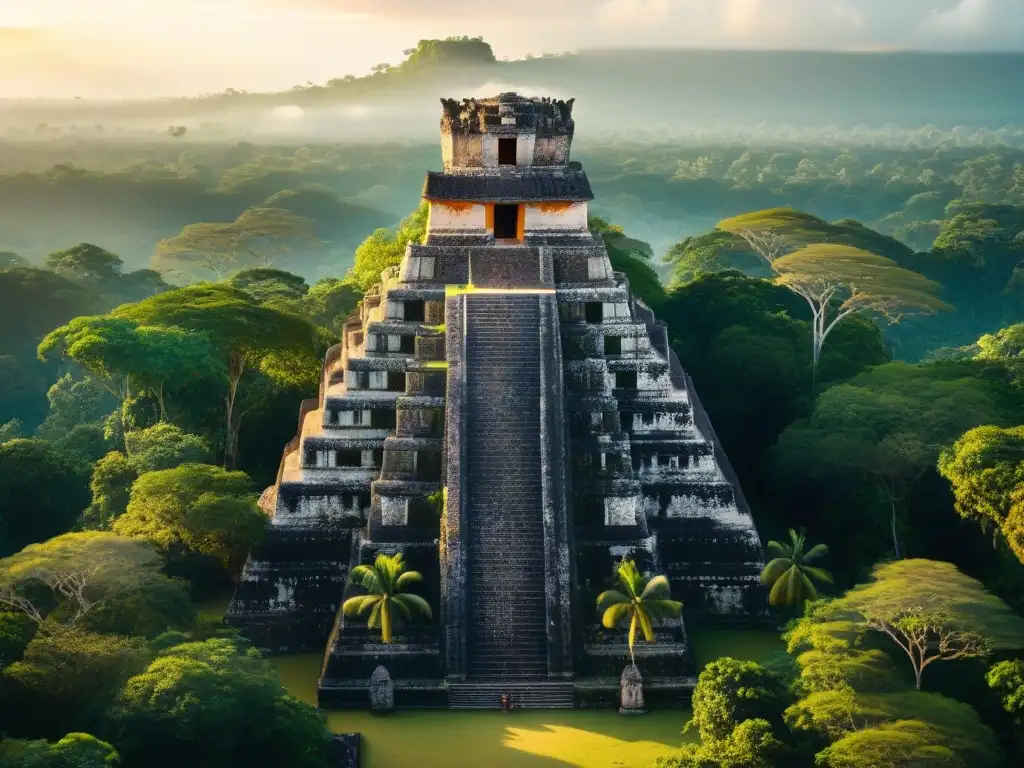 Misterioso templo maya al atardecer Imponente complejo maya rodeado de exuberante selva al atardecer, destacando las influencias del medio ambiente y el ocaso maya