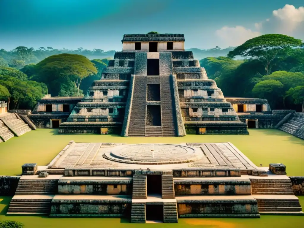 Esplendor ancestral: majestuoso juego de pelota maya Imponente construcción de canchas de pelota mayas, detalle arquitectónico y jeroglíficos en piedra