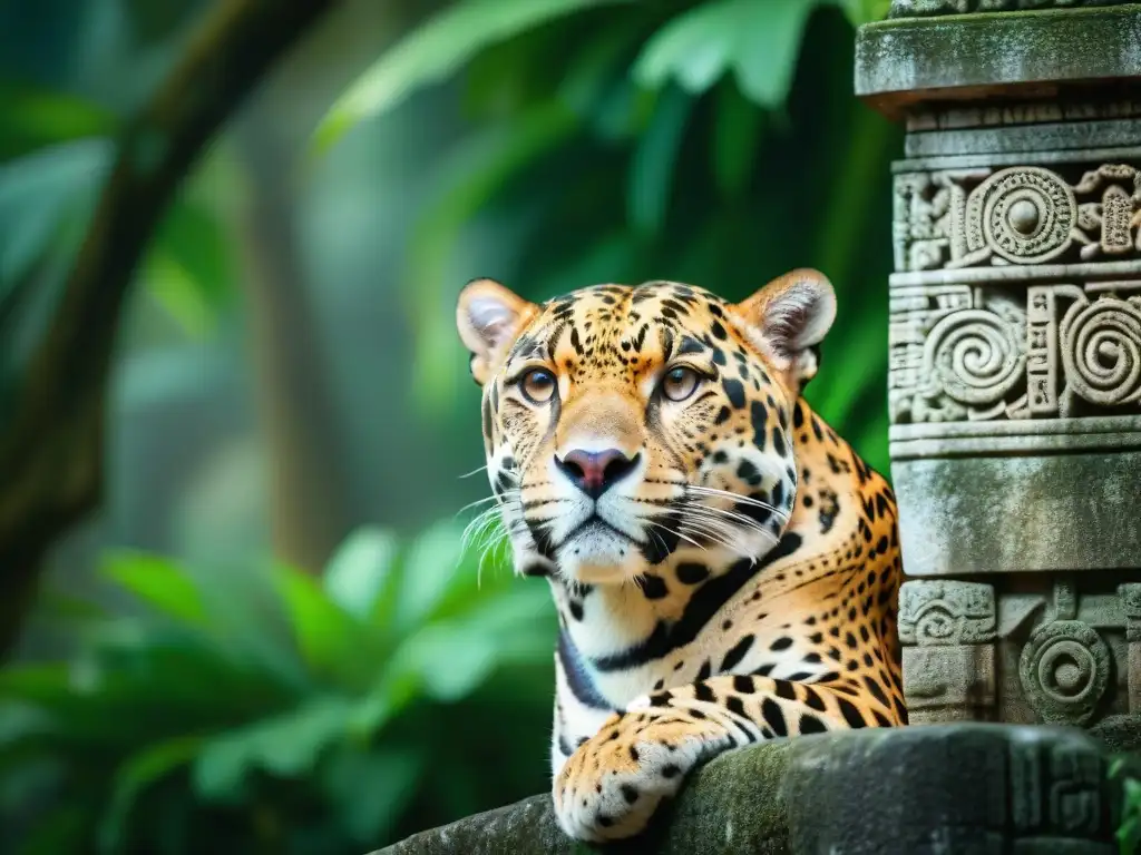 La imponente escultura detallada de un jaguar en un templo maya, reflejando el significado del jaguar en la civilización maya